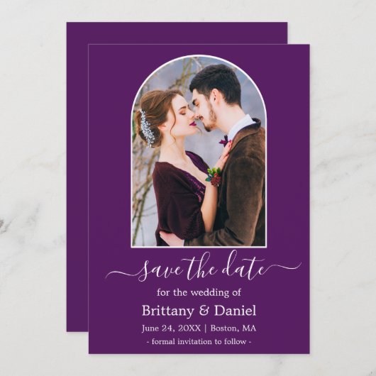 Moderne Arkadenrahmen Lila Save The Date (Vorne/Hinten)