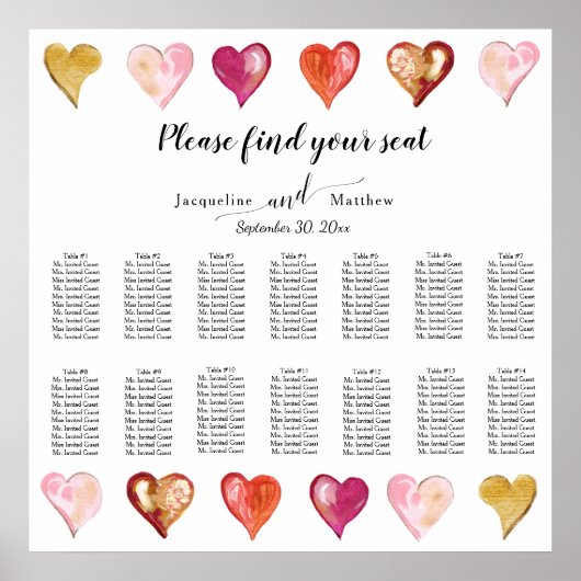 Moderne Art bemalt Herzvalentinen Sitzplan Poster (Vorne)