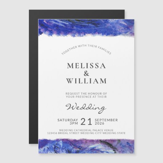 Moderne Art Blue Wedding Magneteinladung (Vorne/Hinten)