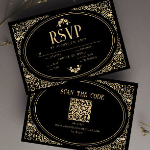Moderne Art Deco Black and Imitate Gold UAWG QR Co RSVP Karte