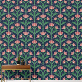 Moderne Art Deco Boho rote Blumen auf Navy Blau Tapete