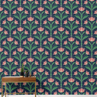 Moderne Art Deco Boho rote Blumen auf Navy Blau Tapete