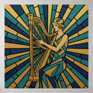 Moderne Art Deco Harfenistin Poster Gold und Blau 