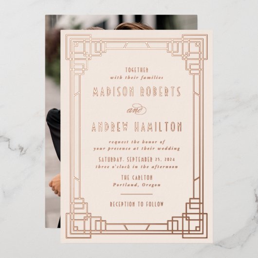 Moderne Art Déco Hochzeit Elfenbeinküste und Rose Folieneinladung (Vorderseite/Rückseite)