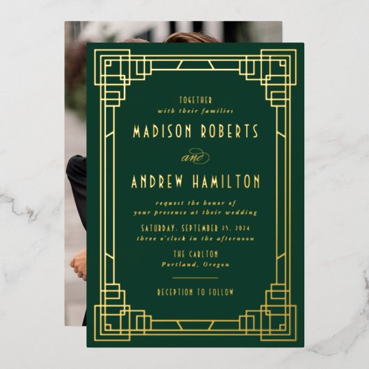 Moderne Art Deco Hochzeit Grün und Gold Folieneinladung (Vorderseite/Rückseite)