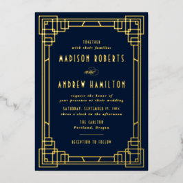 Moderne Art Deco Hochzeit Navy und Gold Folieneinladung