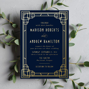 Moderne Art Deco Hochzeit Navy und Gold Folieneinladung