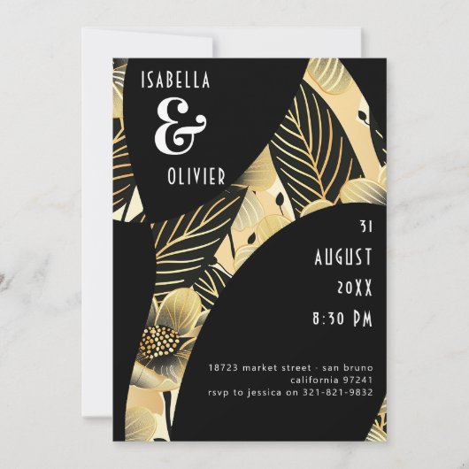 Moderne Art Deco Hochzeit Schwarz-weiße Gold Blume Einladung (Vorderseite)
