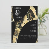 Moderne Art Deco Hochzeit Schwarz-weiße Gold Blume Einladung (Stehend Vorderseite)