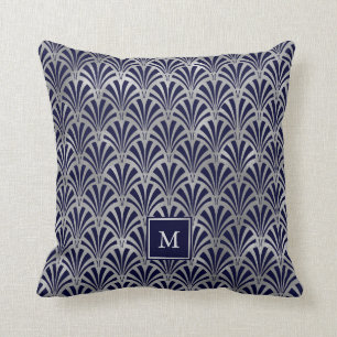 Moderne Art Deco Navy und Faux Silber Monogramm Kissen