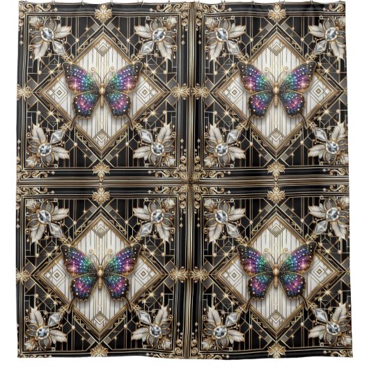 Moderne Art Deco Regenbogen Schmetterling Duschvorhang (Vorderseite)