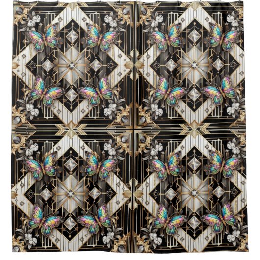 Moderne Art Deco Regenbogen Schmetterling Duschvorhang (Vorderseite)