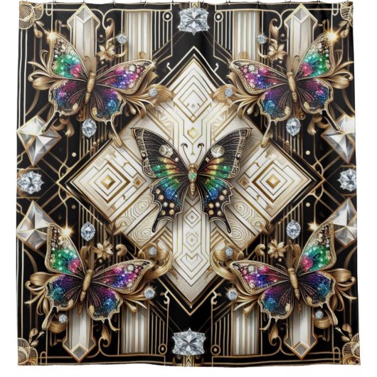Moderne Art Deco Regenbogen Schmetterling Duschvorhang (Vorderseite)