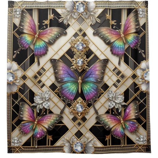 Moderne Art Deco Regenbogen Schmetterling Duschvorhang (Vorderseite)