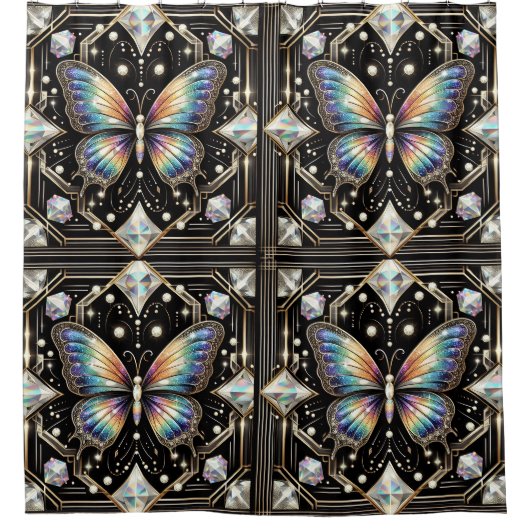 Moderne Art Deco Regenbogen Schmetterling Duschvorhang (Vorderseite)