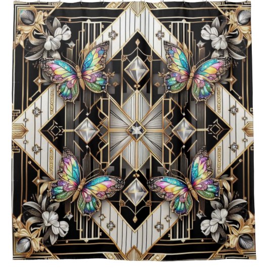 Moderne Art Deco Regenbogen Schmetterling Duschvorhang (Vorderseite)