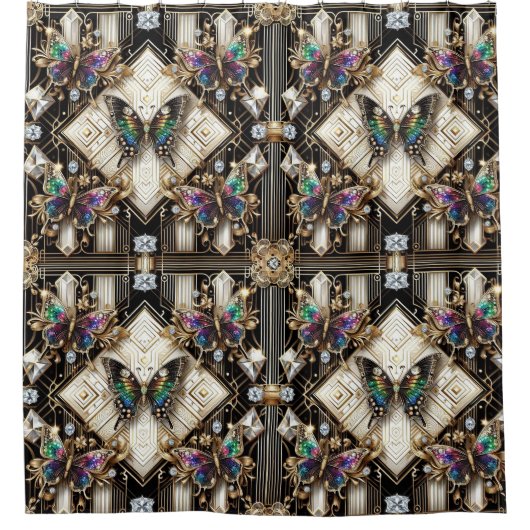 Moderne Art Deco Regenbogen Schmetterling Duschvorhang (Vorderseite)