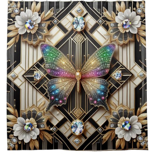 Moderne Art Deco Regenbogen Schmetterling Duschvorhang (Vorderseite)