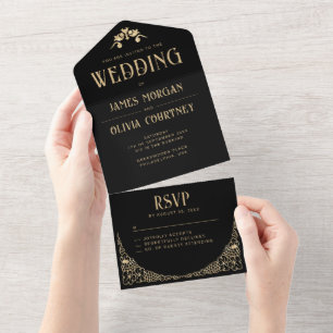 Moderne Art Deco Schwarz und Gold Faux Hochzeit  All In One Einladung