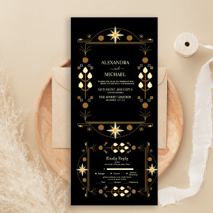 Moderne Art Deco Schwarz und Gold Hochzeit All In One Einladung