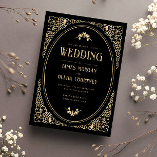 Moderne Art Deco Schwarz und Gold Hochzeit Einladung