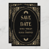 Moderne Art Deco Schwarz und Gold Hochzeit Save The Date (Vorne/Hinten)