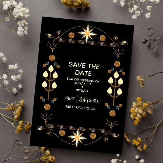 Moderne Art Deco Schwarz und Gold Hochzeit Save The Date