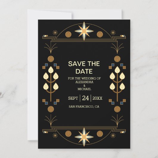 Moderne Art Deco Schwarz und Gold Hochzeit Save The Date (Vorderseite)