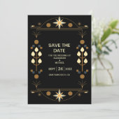 Moderne Art Deco Schwarz und Gold Hochzeit Save The Date (Stehend Vorderseite)