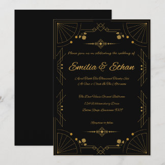 Moderne Art Deco schwarze und goldene Hochzeitsein Einladung