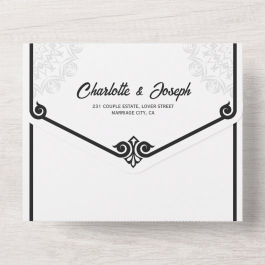 Moderne Art Deco Swan Black and White Wedding All In One Einladung (Rückseite)