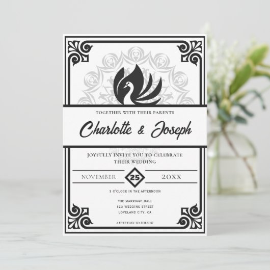 Moderne Art Deco Swan Black and White Wedding Einladung (Stehend Vorderseite)