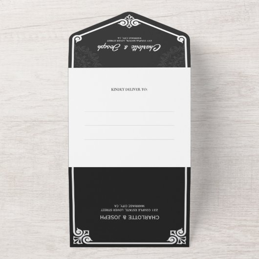 Moderne Art Deco Swan White and Black Wedding All In One Einladung (Außenbereich)