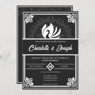 Moderne Art Deco Swan White and Black Wedding Einladung