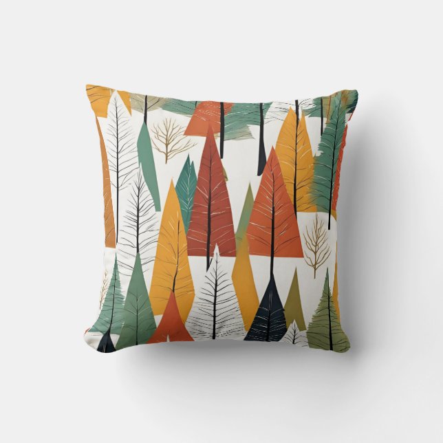 Moderne Art Green Orange Yellow Rustic Pine Trees Kissen (Vorderseite)