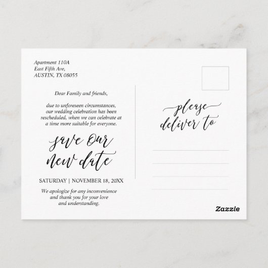 Moderne Ästhetik, Datum ändern, Party verschoben Postkarte (Rückseite)