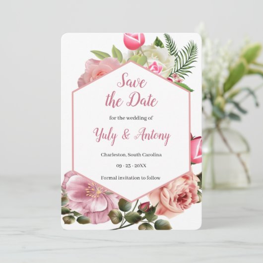 Moderne ästhetische botanische pinkfarbene Sechsec Save The Date (Stehend Vorderseite)