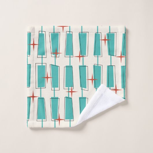 Moderne Atomblöcke Aquamarin, Creme, Rot Badhandtuch Set (Waschlappen)