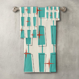Moderne Atomblöcke Aquamarin, Creme, Rot Badhandtuch Set