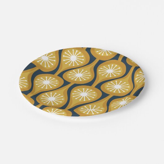 Moderne Atomtropfen Muster Mustard Mitte des Jahrh Pappteller (Schrägansicht)