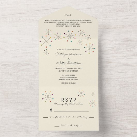 Moderne Atomzeitalterung im Retrostil des Mittelja All In One Einladung (Innen Boden)