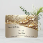 Moderne, aufwendige goldene Blumen mit Perlen Save The Date (Stehend Vorderseite)