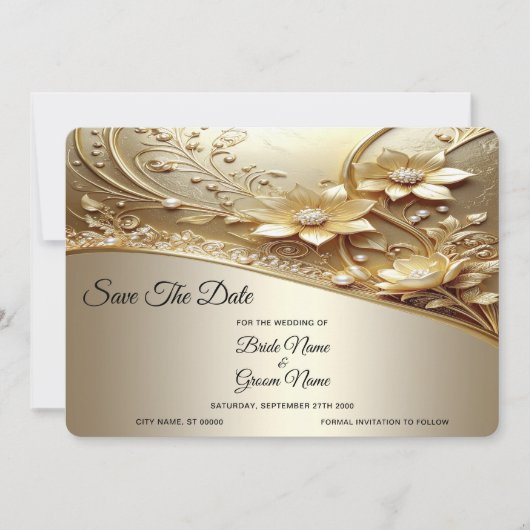 Moderne, aufwendige goldene Blumen mit Perlen Save The Date (Vorderseite)