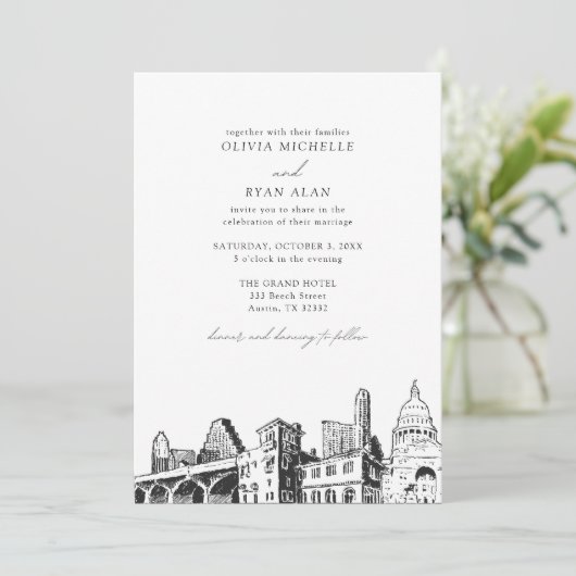 Moderne Austin Skyline Black & White Wedding Einladung (Stehend Vorderseite)