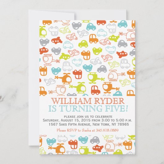 Moderne Autos, Flugzeuge und Hubschrauber - Einlad Einladung (Vorderseite)