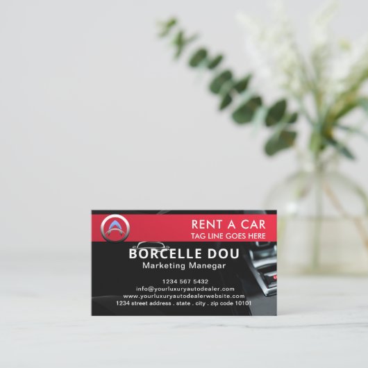 Moderne Autovermietung | Schwarz-Rot-Monogramm Visitenkarte (Stehend Vorderseite)