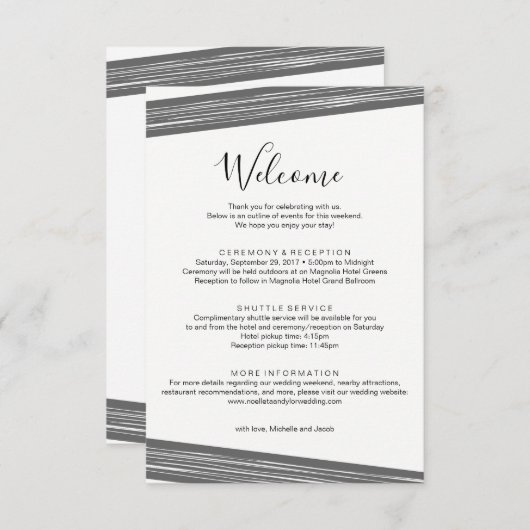 Moderne B&W Wedding Welcome Itinerary Card Einladung (Vorne/Hinten)