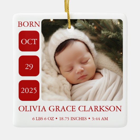 Moderne Baby Birth Stats Foto Weihnachtsschmuck (Vorderseite)