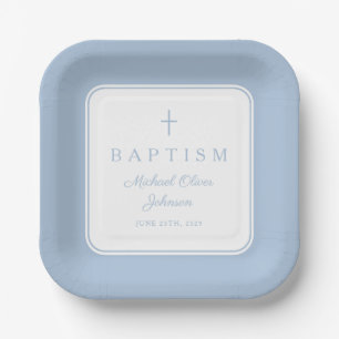 Moderne Baby Blau Religiöses Kreuz Jungen-Taufe Pappteller