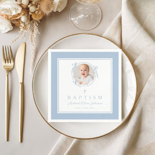 Moderne Baby Blau Religiöses Kreuz Jungen Taufe Serviette